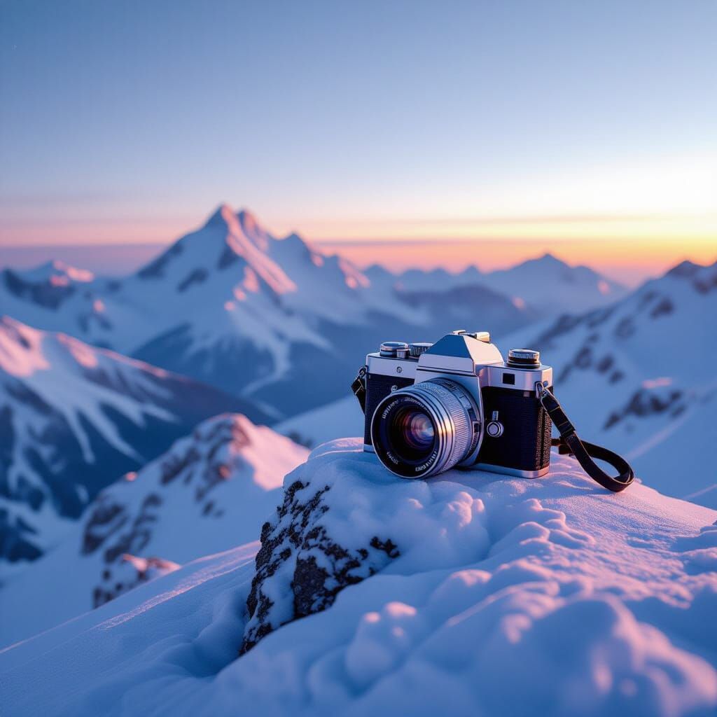 Vintage Camera Captures Dawn on Snowy Mountain