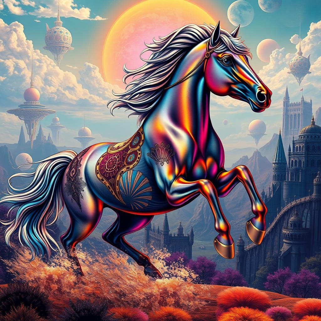 Surreal Horse Galloping Through Dream Landscape