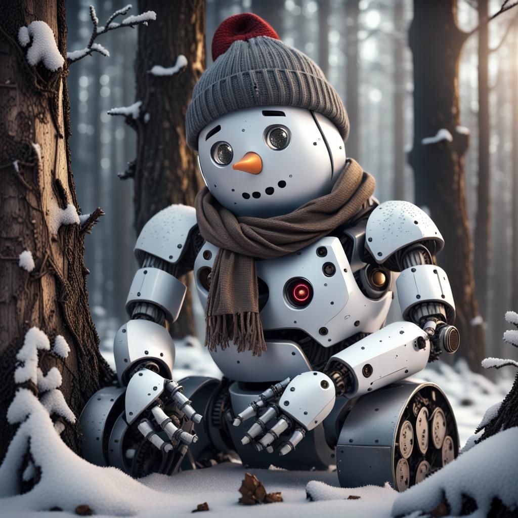 Sad Robot Snowman in a Snowy Forest