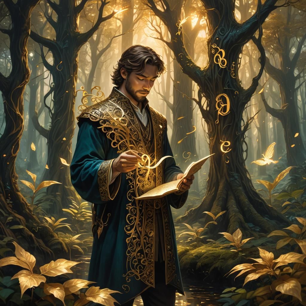 Mystical Forest Magician Holding Glowing Letter