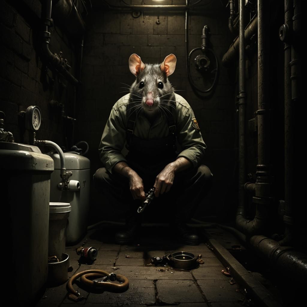 Creepy Rat Plumber in Sewer, Fantastic Realism