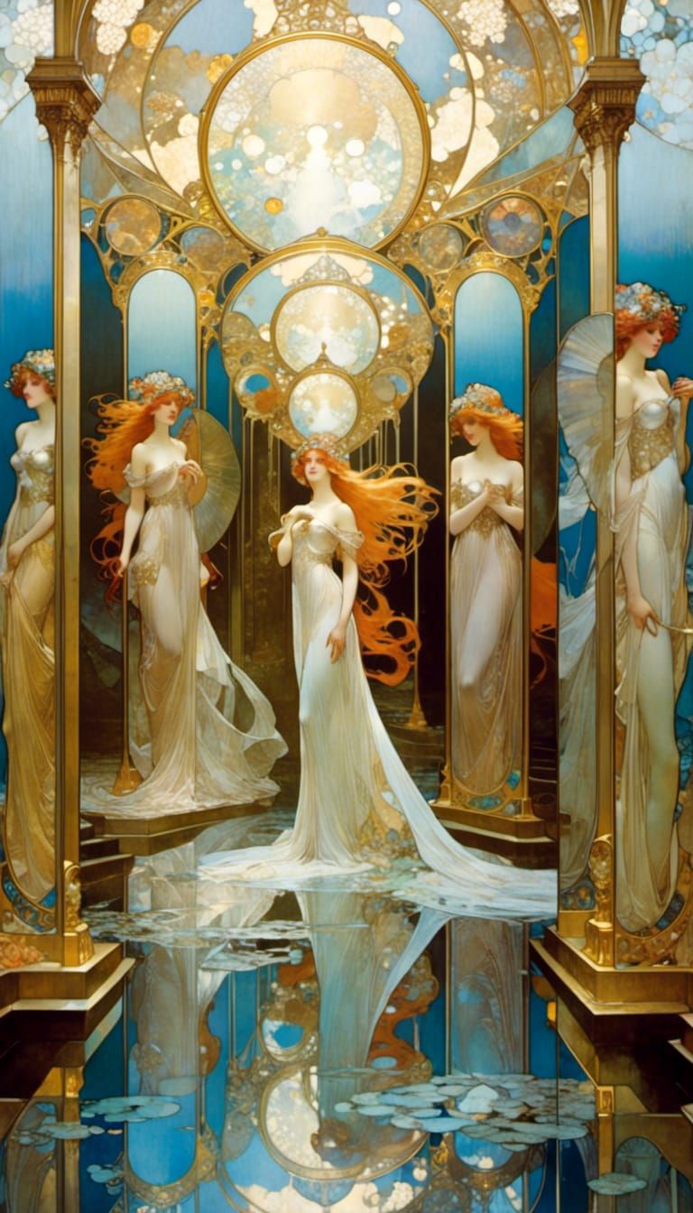 Ornate Mirrored Hallway in Cubism Art Nouveau Style