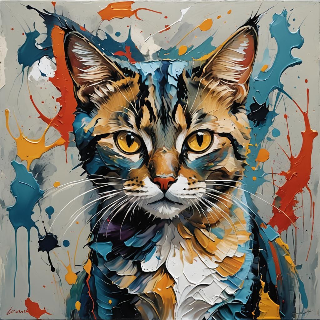 Abstracted Cat in Bold Acrylic Oil Painting