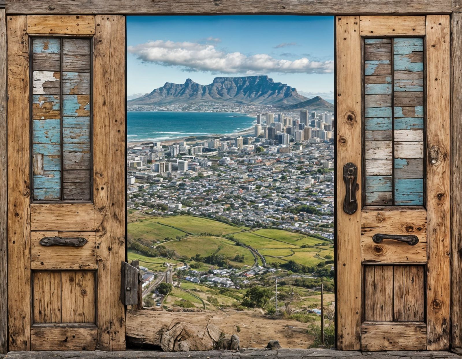 Cape Town View to Table Mountain in Naive Art Style