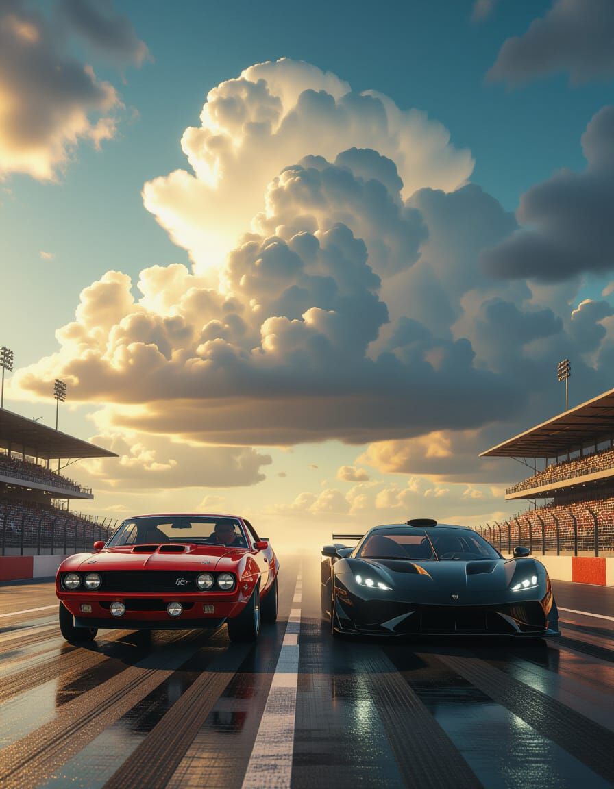 Drag Race Start: Muscle Car vs Supercar Under Thunderclouds