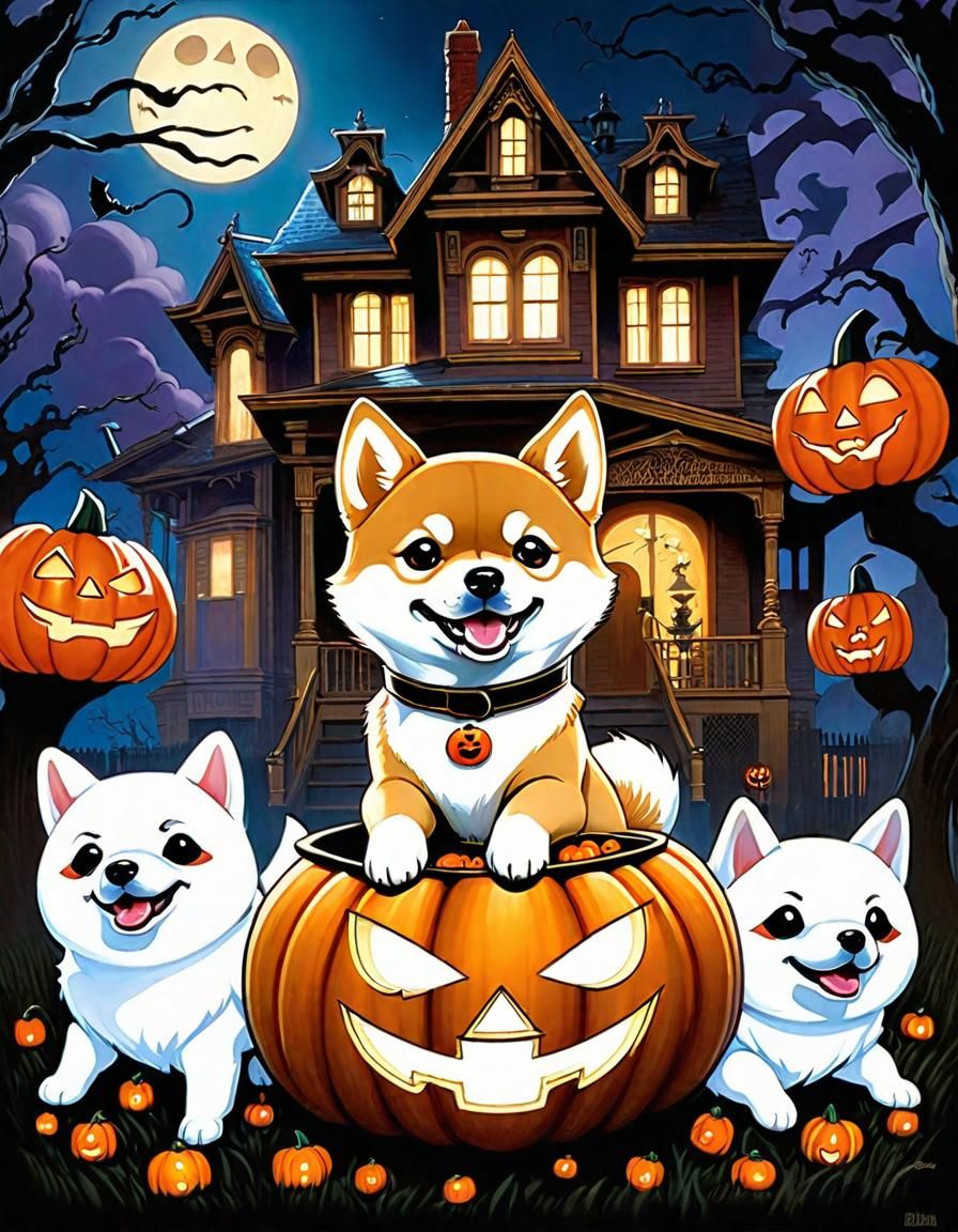 Shiba Inu Ghost in Halloween Storybook Illustration