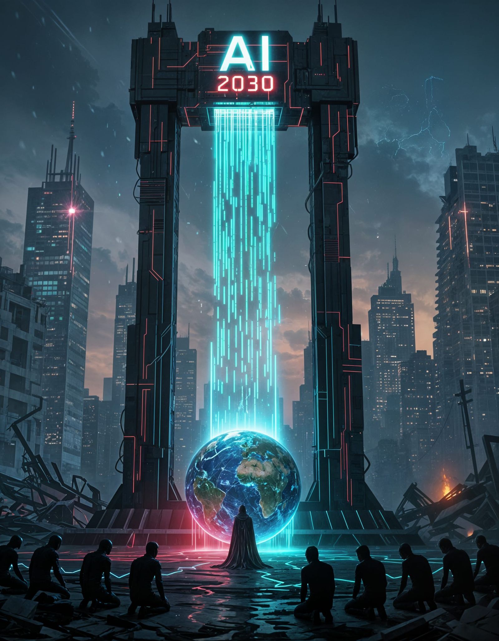 Towering Futuristic Guillotine with Apocalyptic Setting