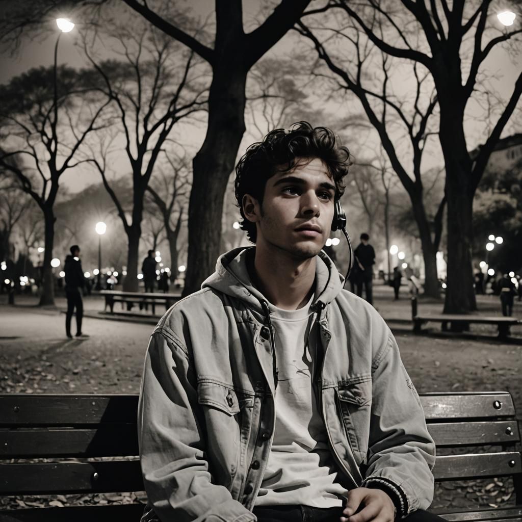 Young Man Listening to Music in Park at Night