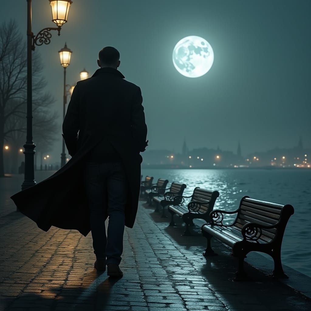 Tall Russian Man Walks Alone at Midnight Harbor