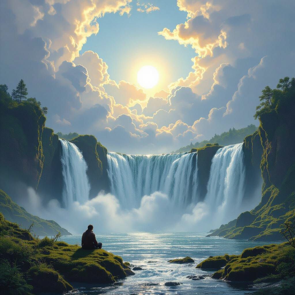 Majestic Waterfall Scene with Lone Figure in Cinematic Digit...
