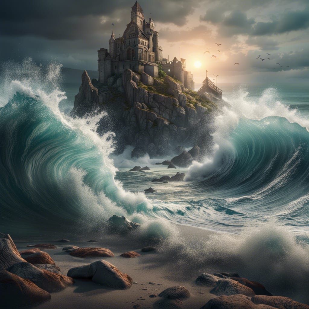 Beach View with Crashing Waves: Fantasy Concept Art