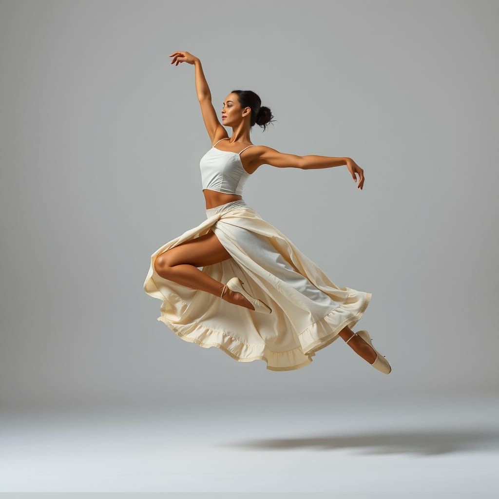 Elegant Female Dancer in Mid-Air Pose, White Outfit