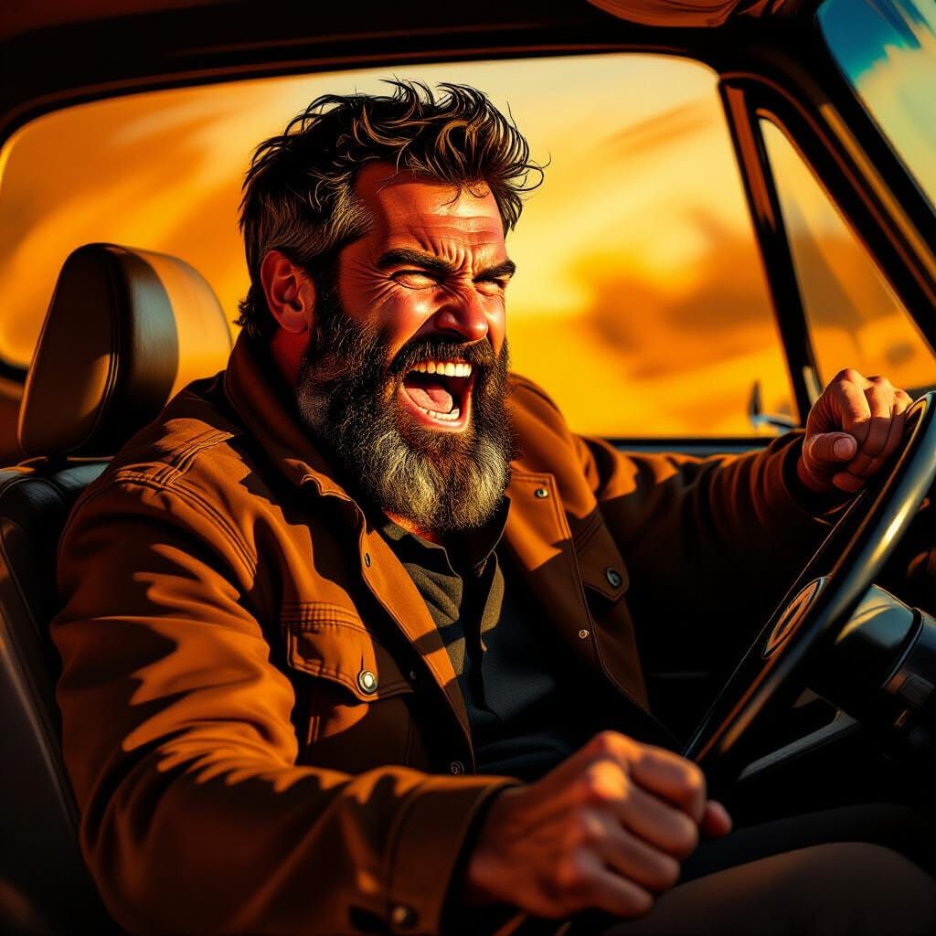 Fierce Bearded Man Roaring in Car, Old Masters Style