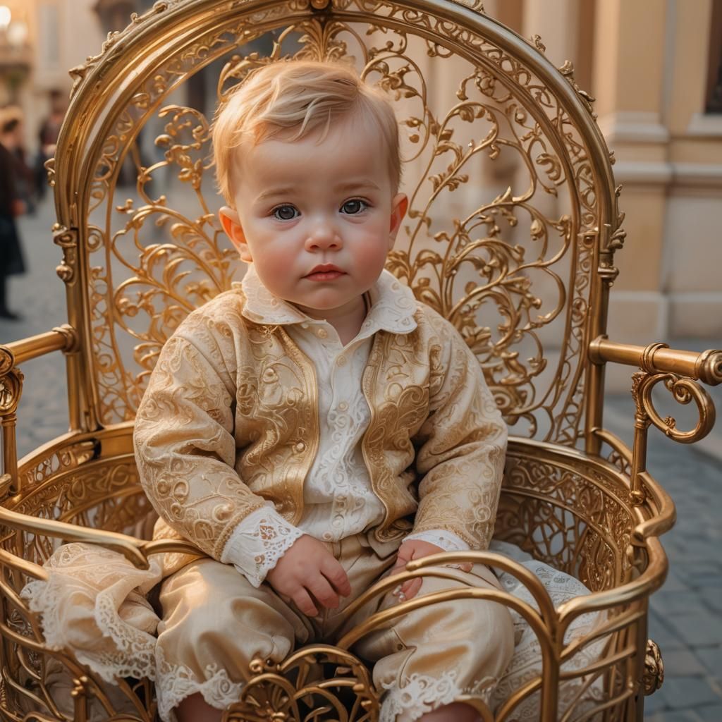 Baby Boy in Golden Cart: Soft Oil Painting