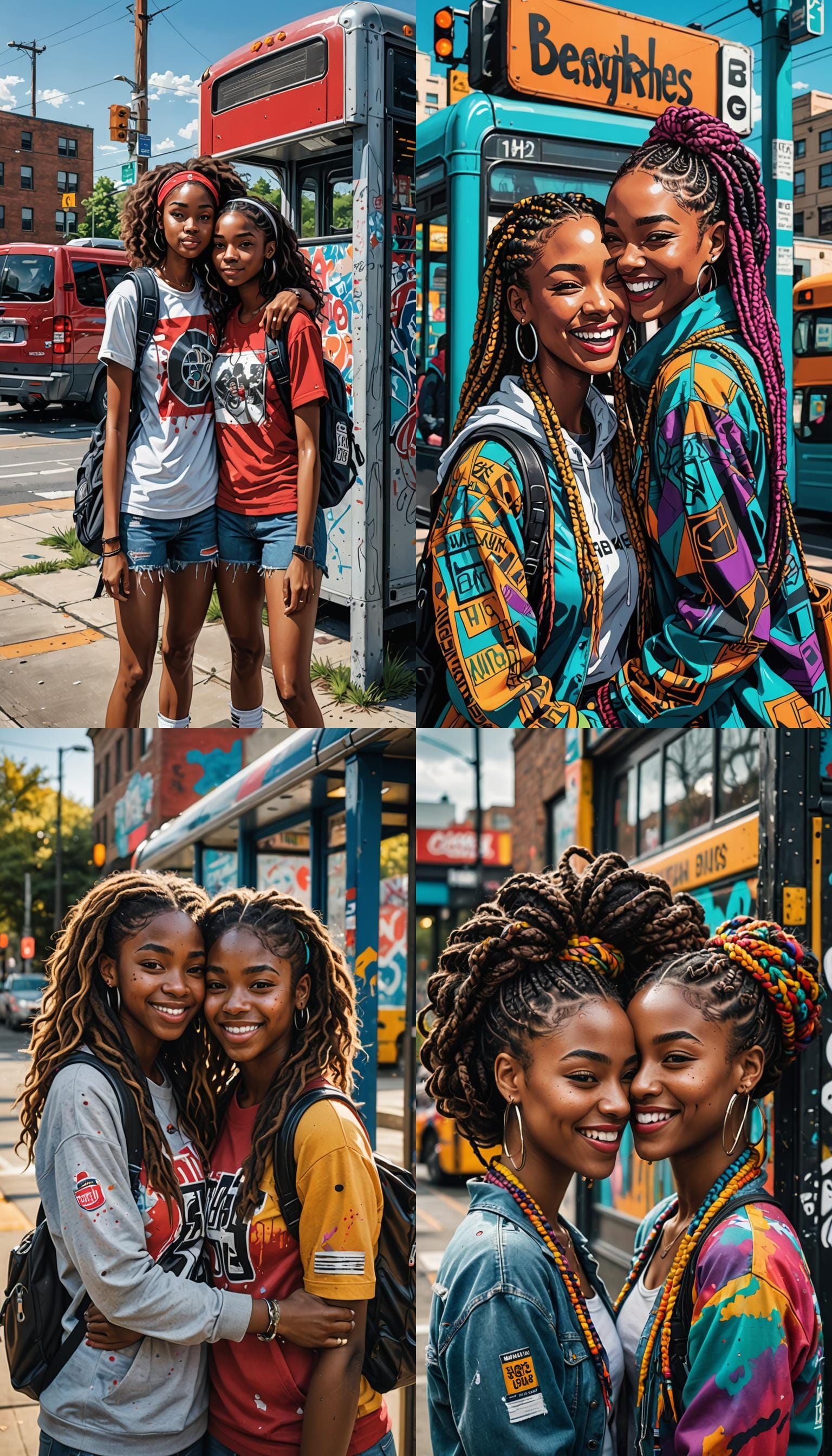 Two teen silly African-American girl hugging