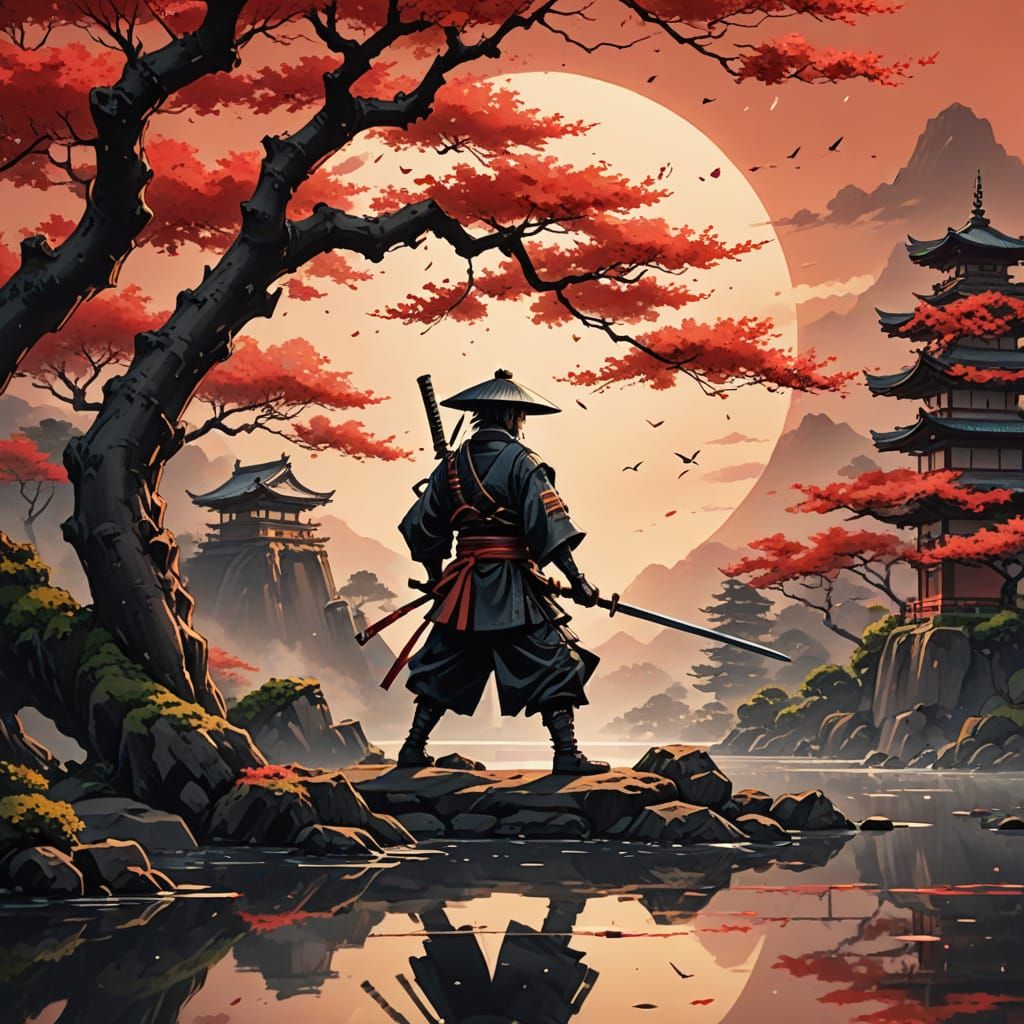 Ronin and Bonsai Tree in Japanese Ink Painting Style