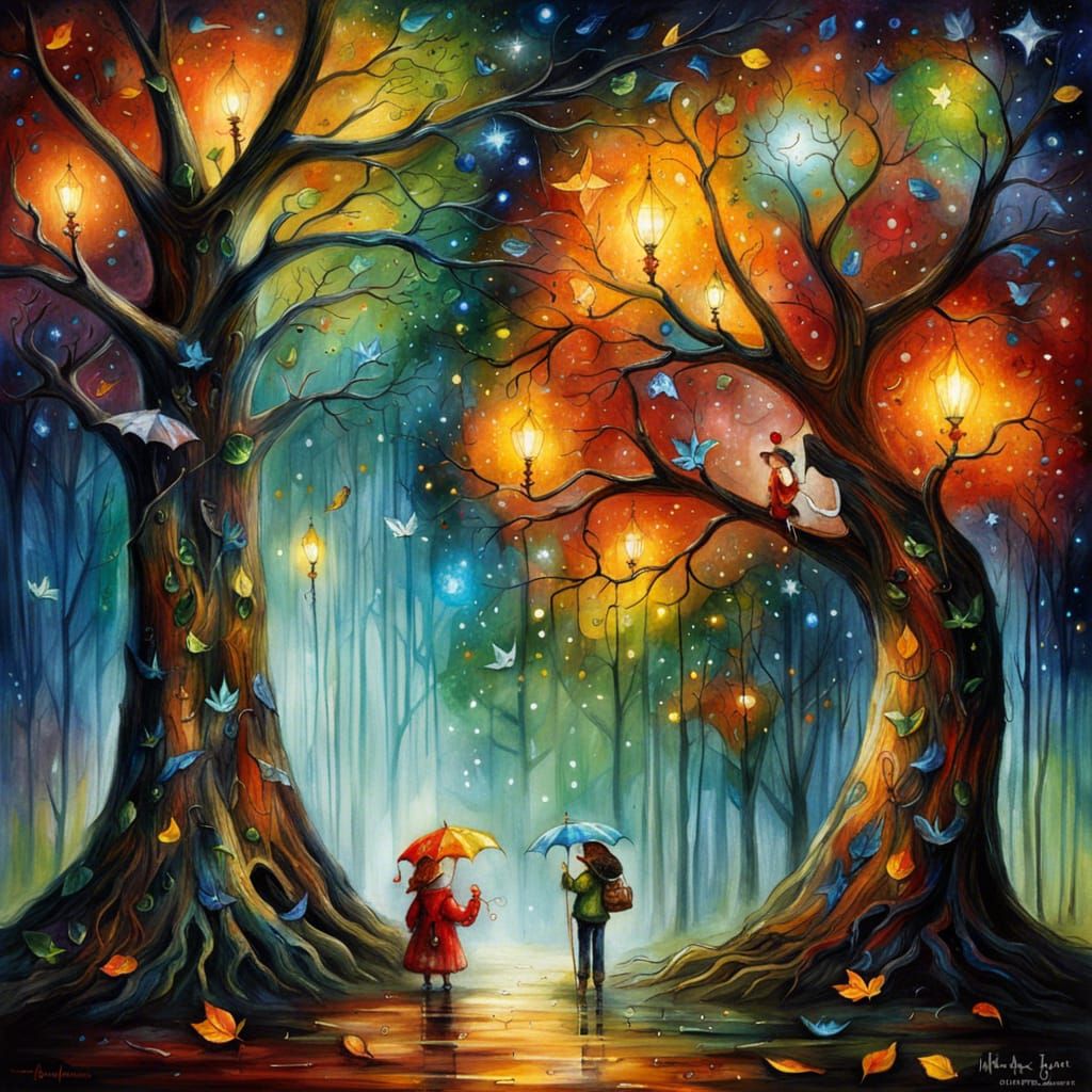 Mystical Tree with Colorful Leaves in Park