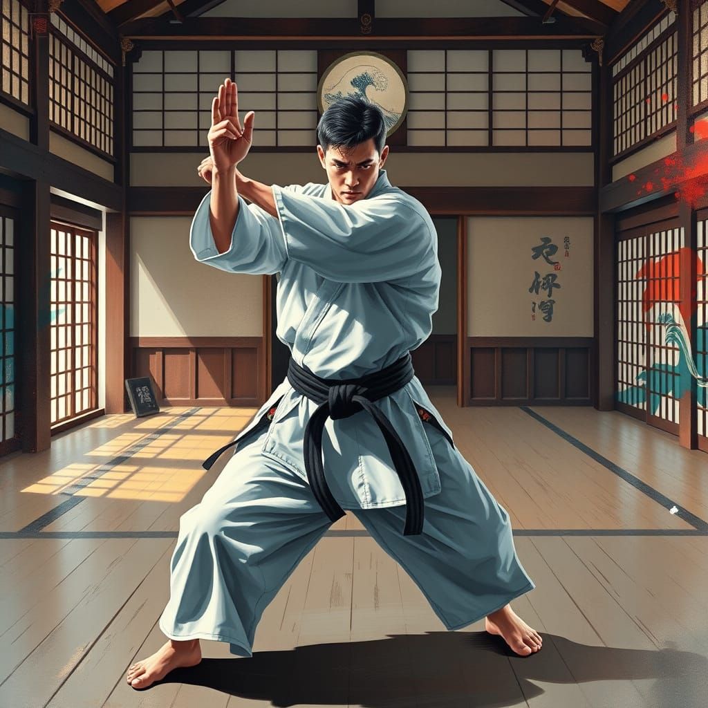 Martial Artist Training in Dojo, Hokusai-Inspired