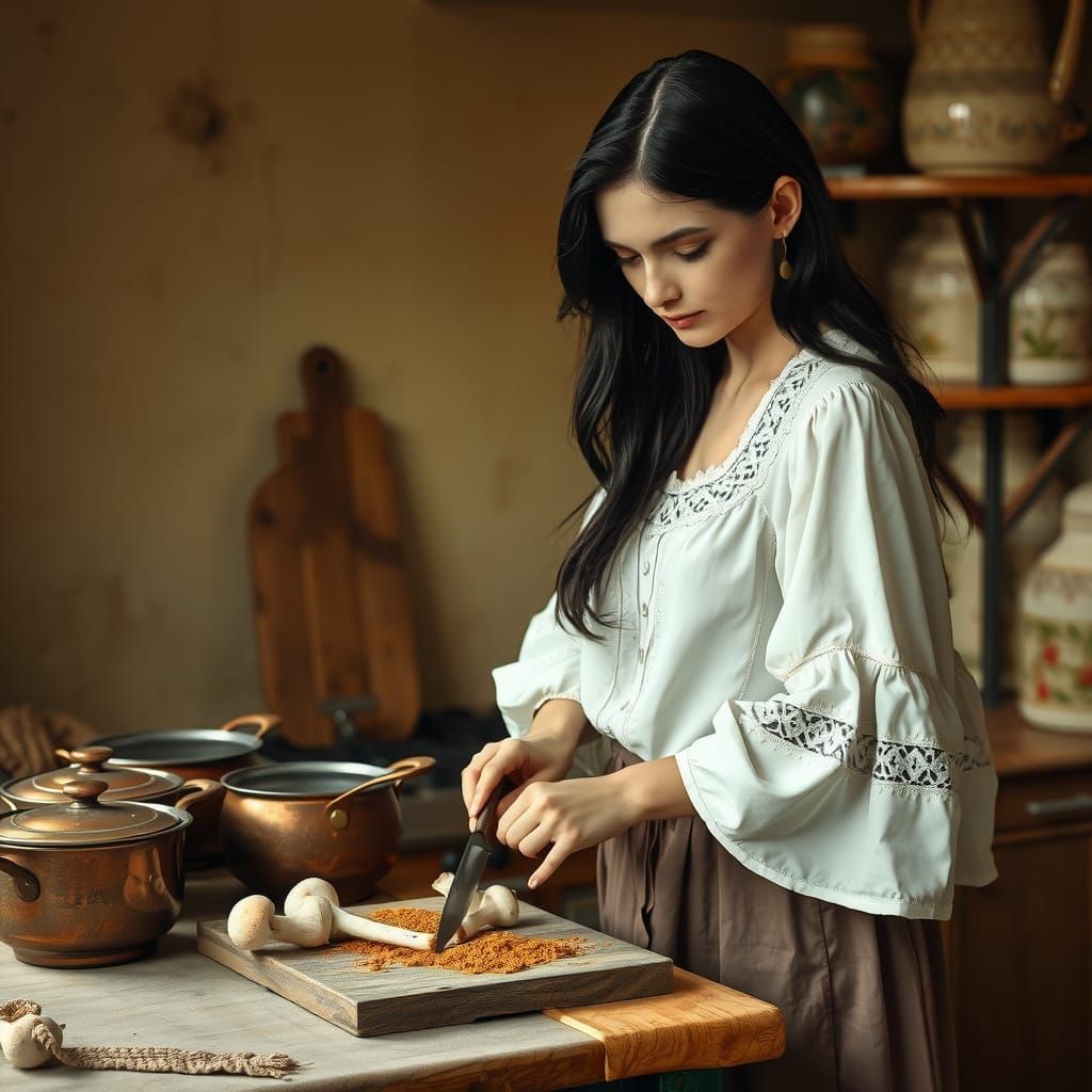 Ethereal Lady in Golden Kitchen, Cutting Delicate Mushroom