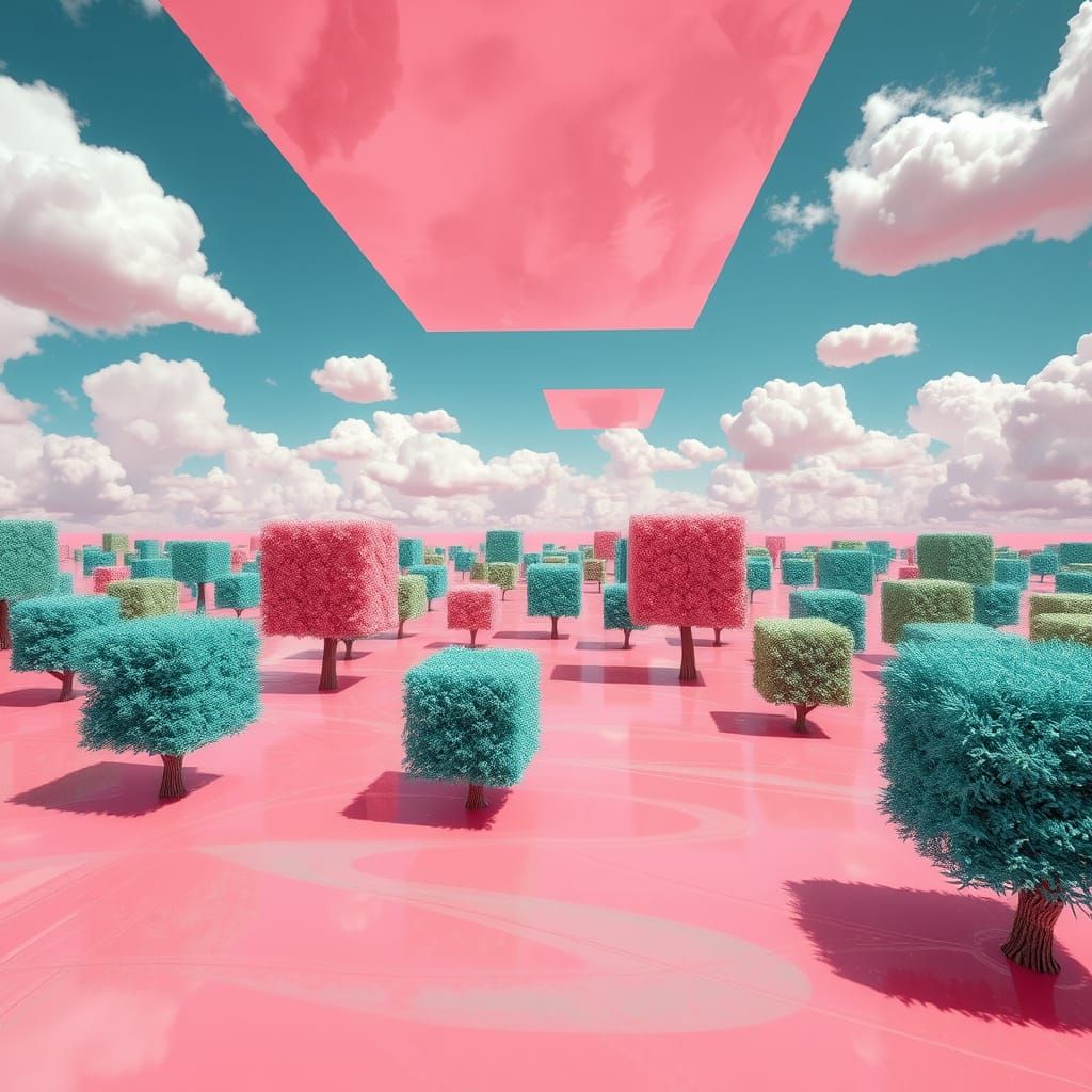 Vibrant Surreal Landscape with Geometric Trees and Clouds