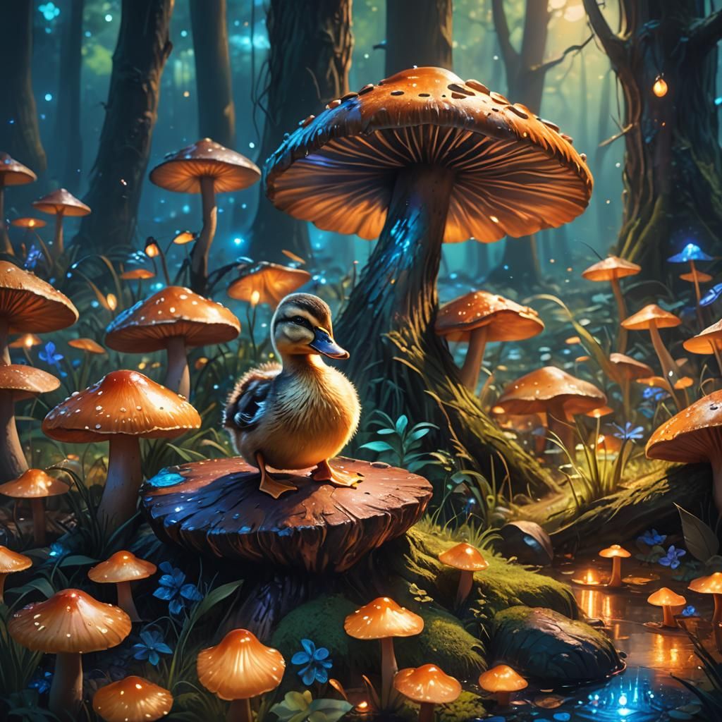 Baby Duck on Mushroom in Magical Forest