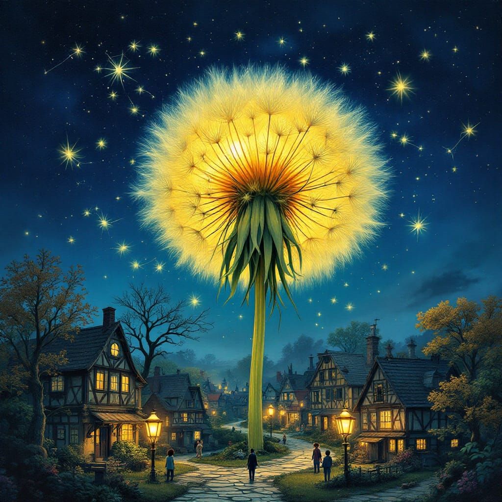 Giant Dandelion Over Moonlit Old Town