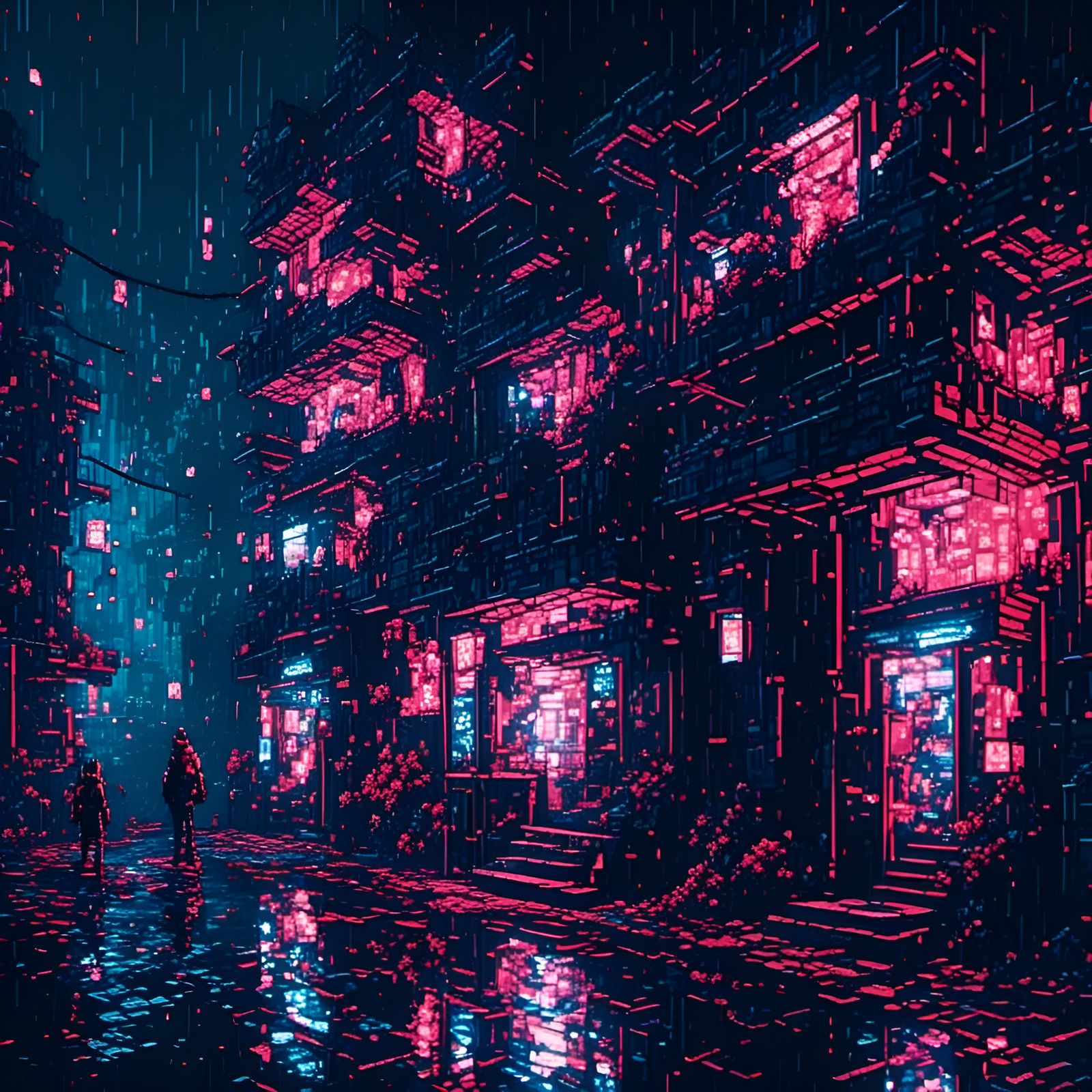 Rainy Cyberpunk Alley in Glitchy Pixel Art Style