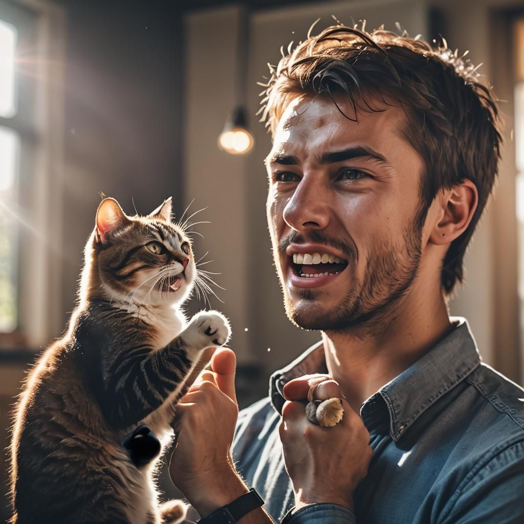 Intense Macro Photo: Man Angrily Confronts Cat