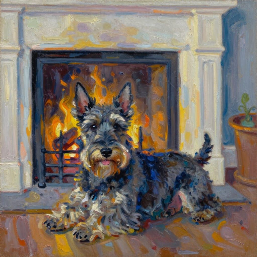 Cute Scottish Terrier by Fireplace in Neo-Impressionist Styl...