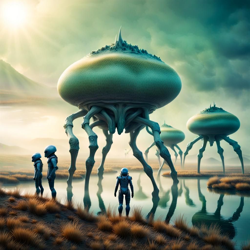 Eerie Alien Landscape with Four-Armed Riders