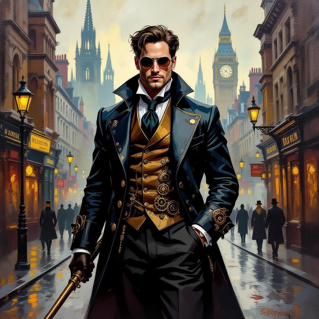Steampunk Neo in Smog-Filled London Street