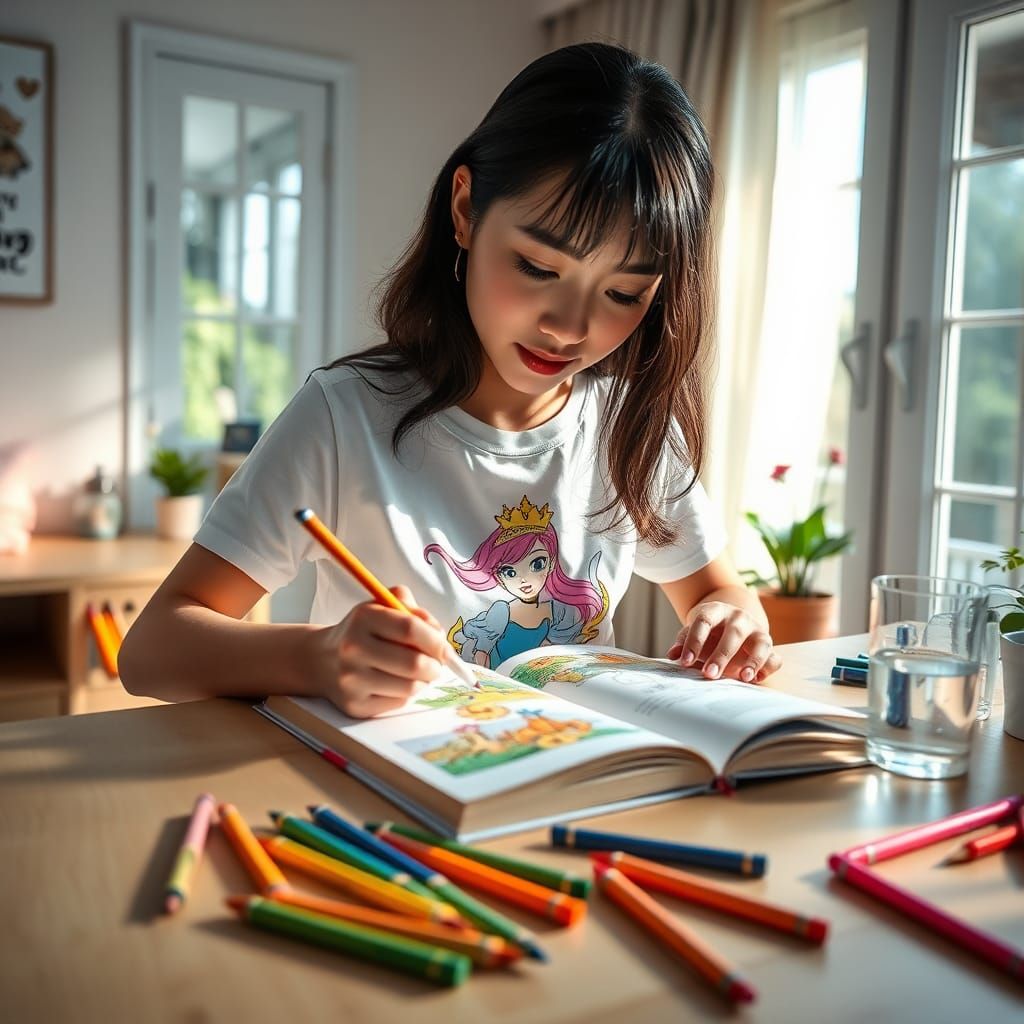 Asian Woman Coloring Princess in Pastel Bedroom