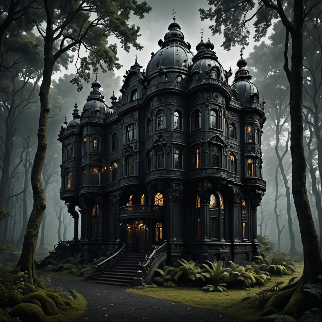 Futuristic Baroque House in Dark Forest