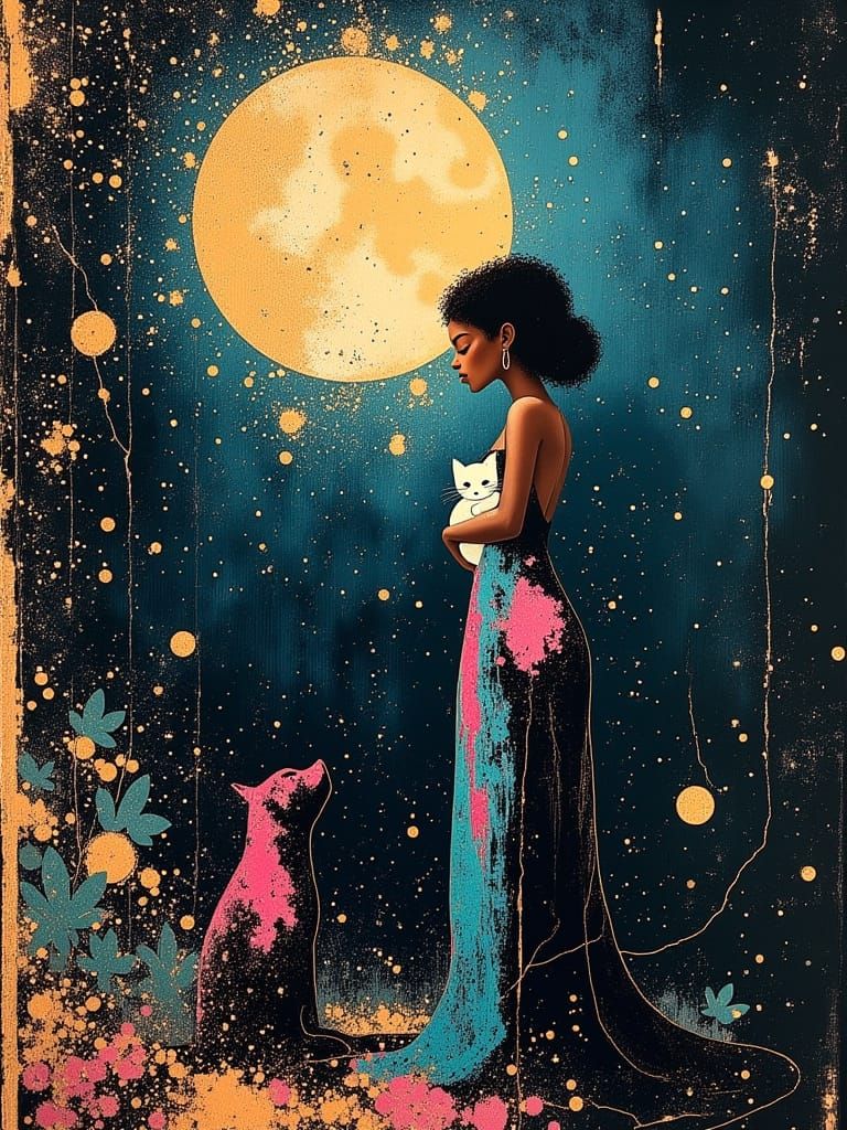Afrofuturist Woman with Kitten and Dog in Moonlight Garden