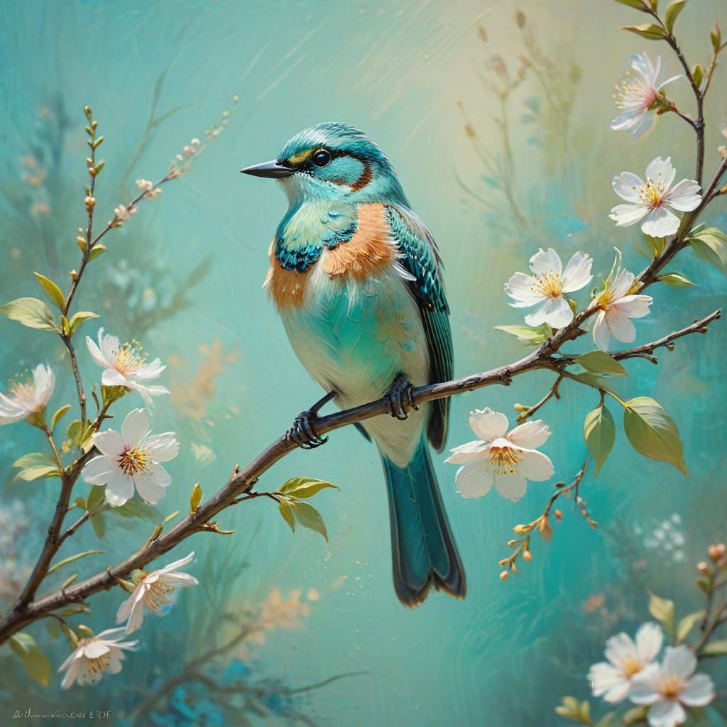 Impressionist Bird on Blooming Branch in Turquoise