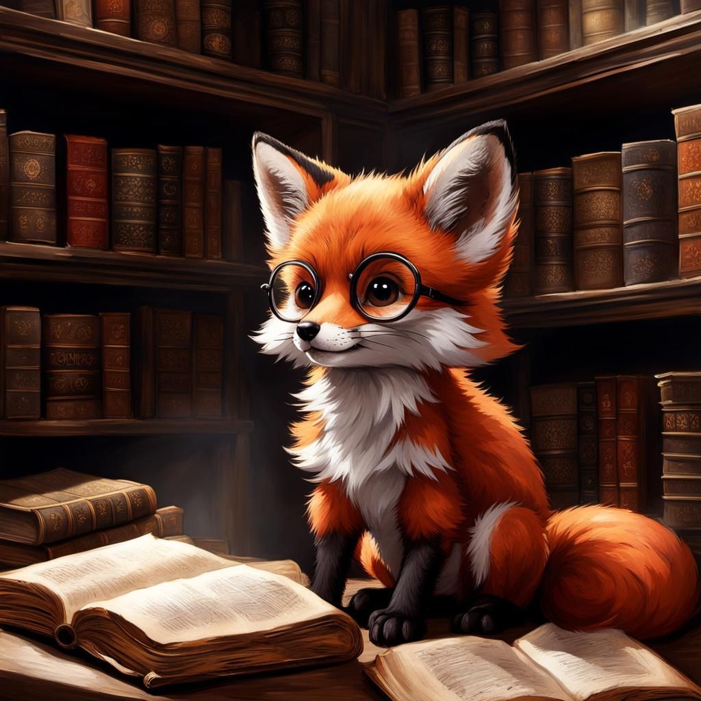 Red Fox Pup in Library with Glasses