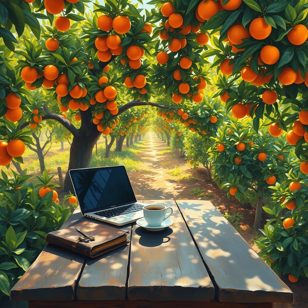 Surreal Coffee Oasis Amidst Orange Grove