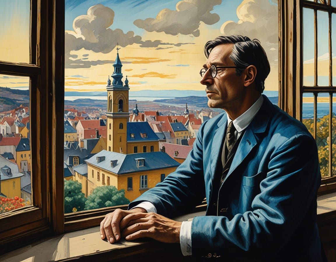 Man Contemplates Ethereal Sky with Mythical Creatures and Ca...