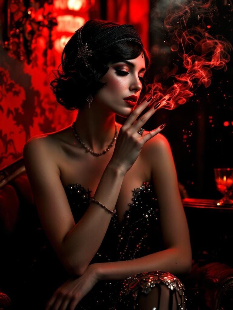 Glamorous Flapper in a Speakeasy, Lithography Style