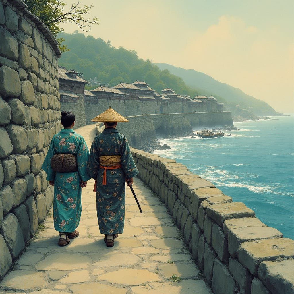 Samurai Stroll Along Ancient Japanese Fortress