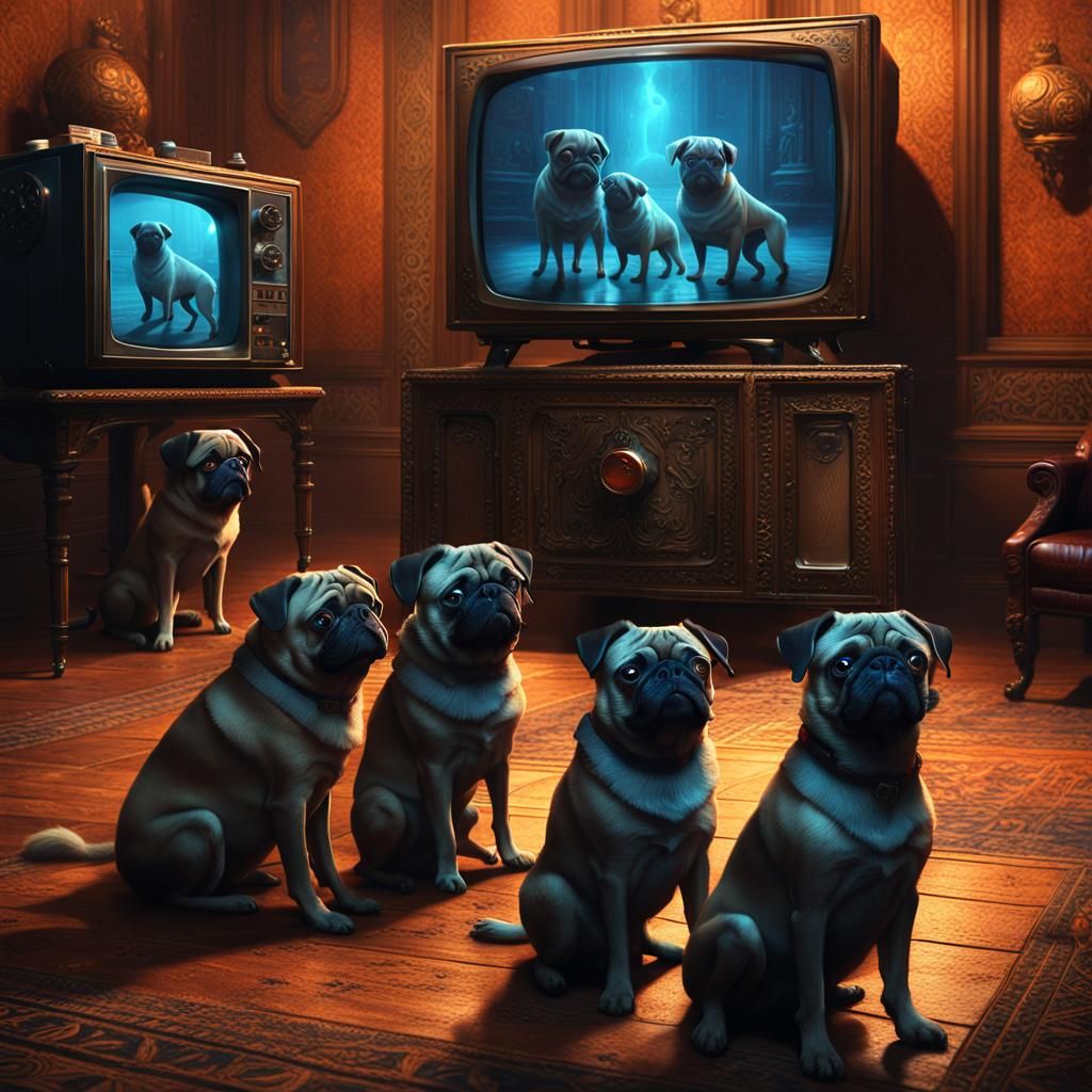 Pugs Watching Static in Mystical Chamber