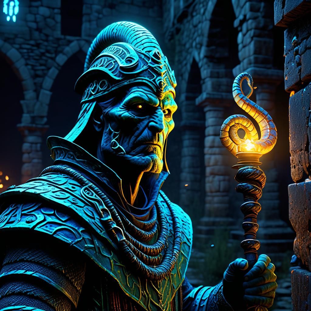 Bioluminescent Serpent Sorcerer in Medieval Ruins