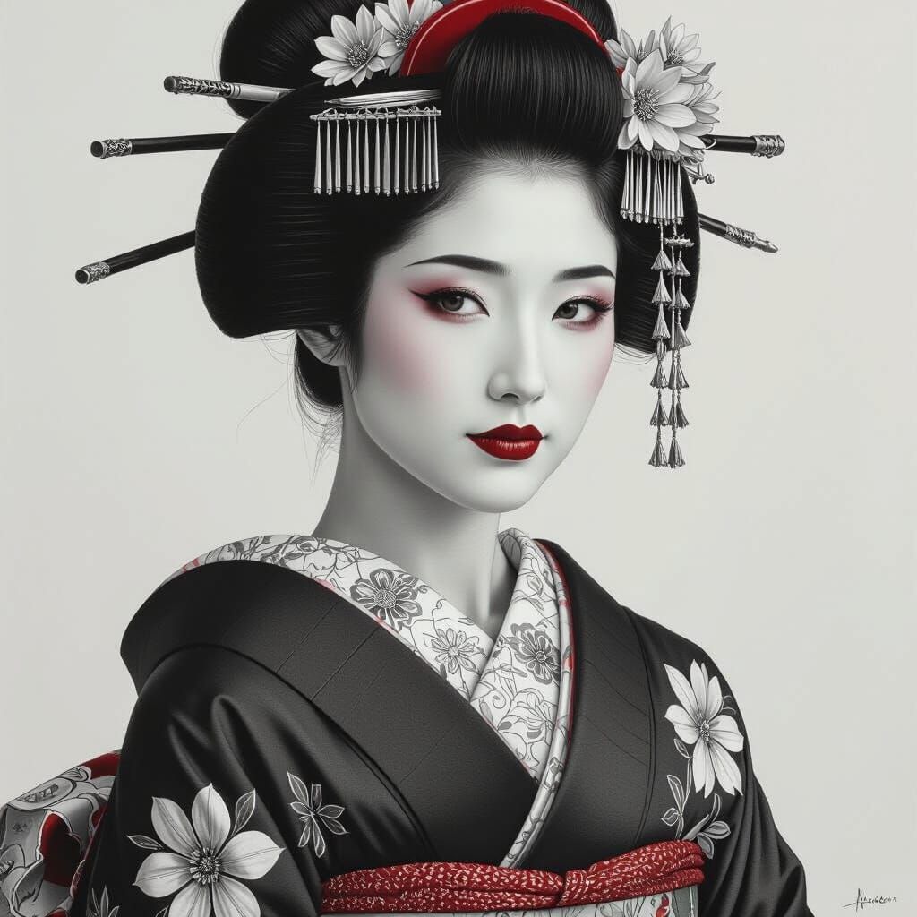 Detailed Pencil Drawing of a Traditional Geisha