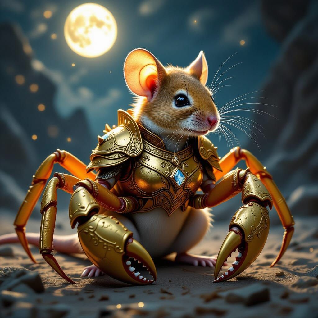 Mouse-Crab Warrior in Golden Armor Under Moonlight