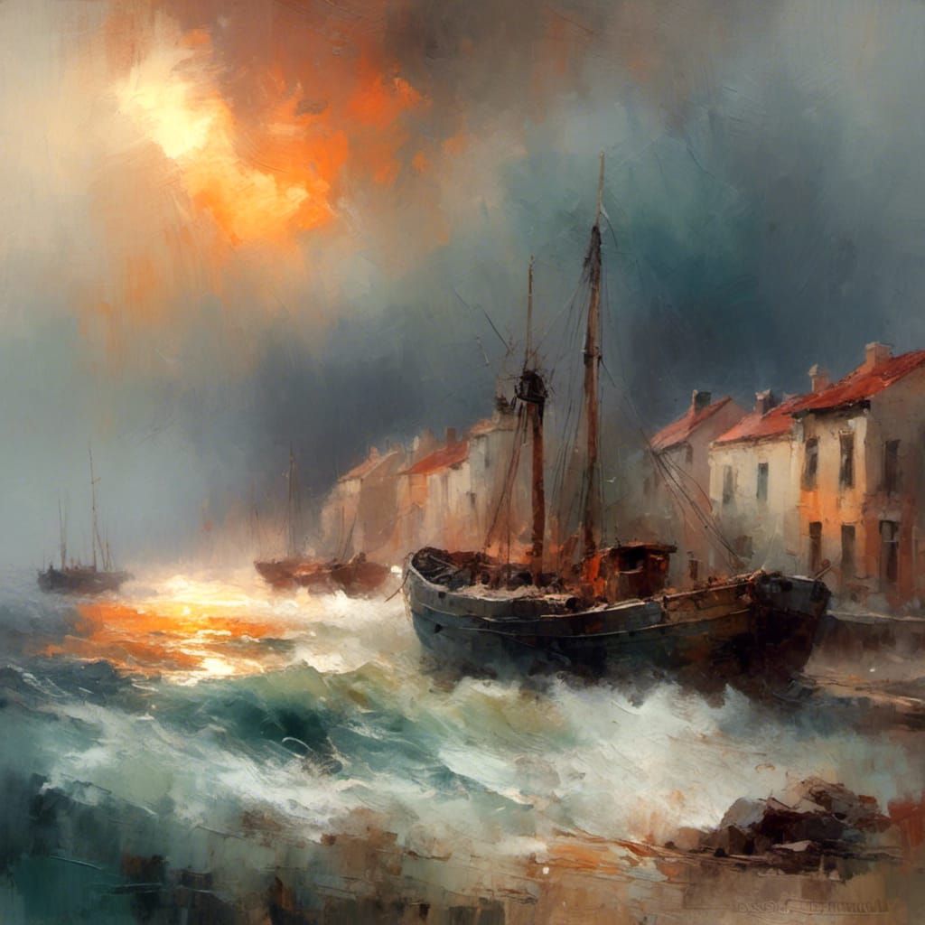 Warship on Stormy Sea in Watercolor Style