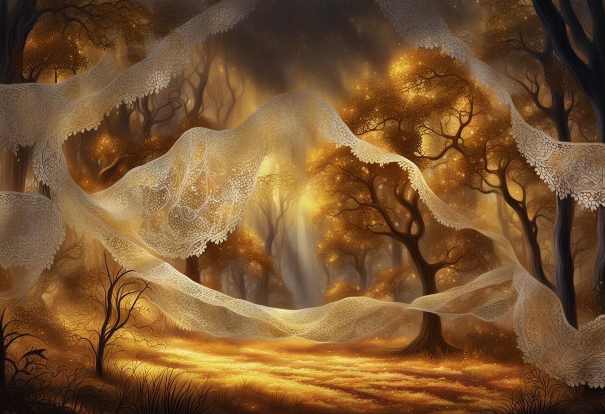 Golden Forest Seen Through Lace Curtain