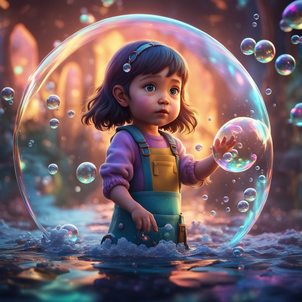 Little Girl Blowing Iridescent Bubble: Fantasy Concept Art