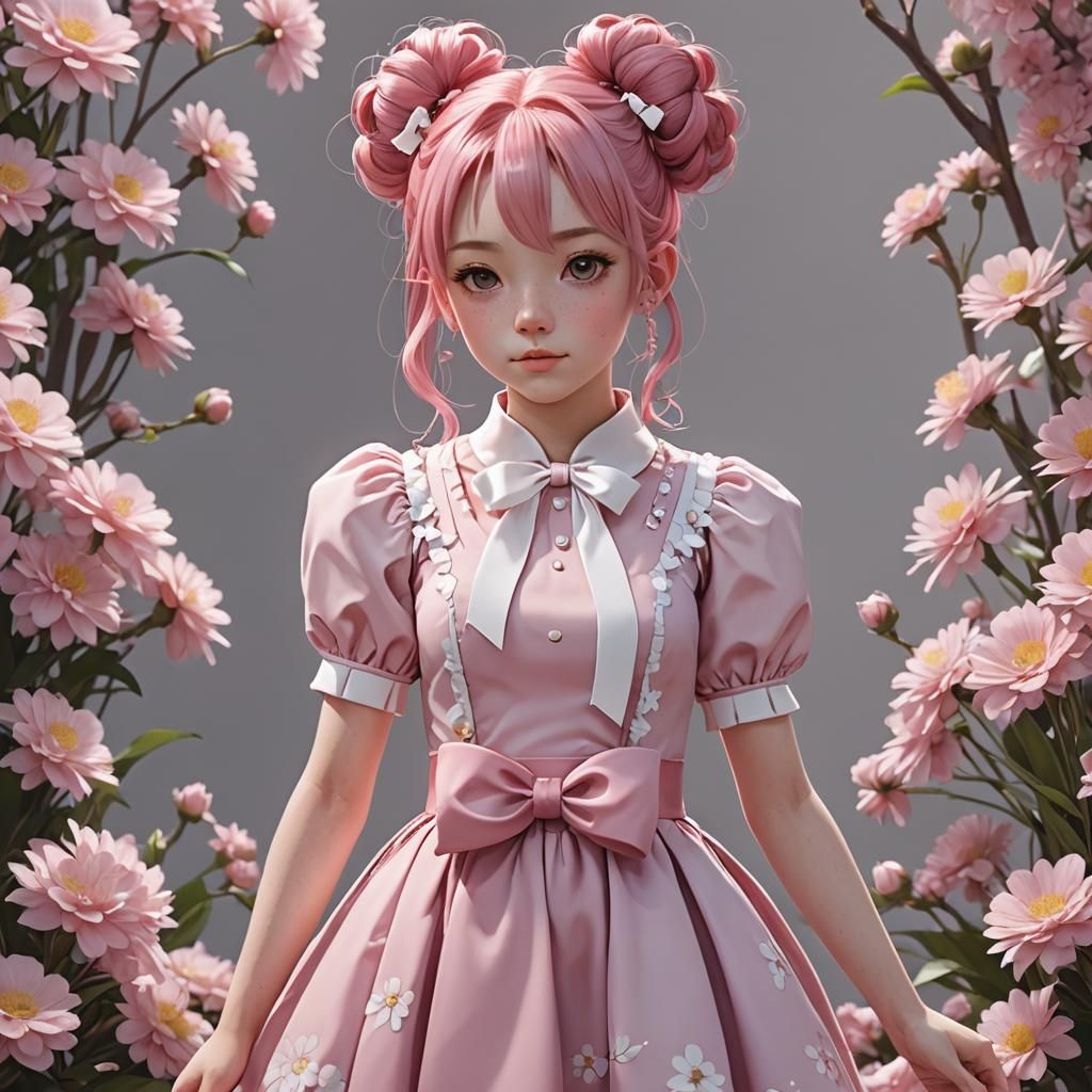 Pink-Haired Girl in Pink Dress: 3D Anime Art