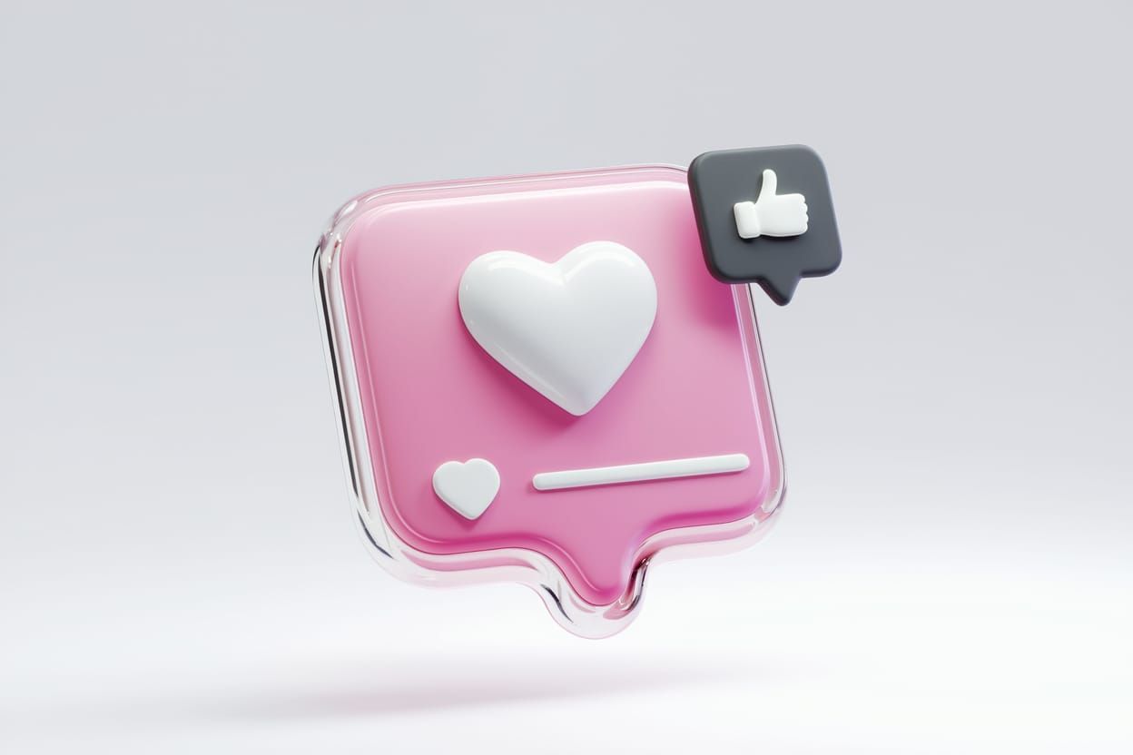 Glossy Pink Notification Bubble with White Heart and Social....