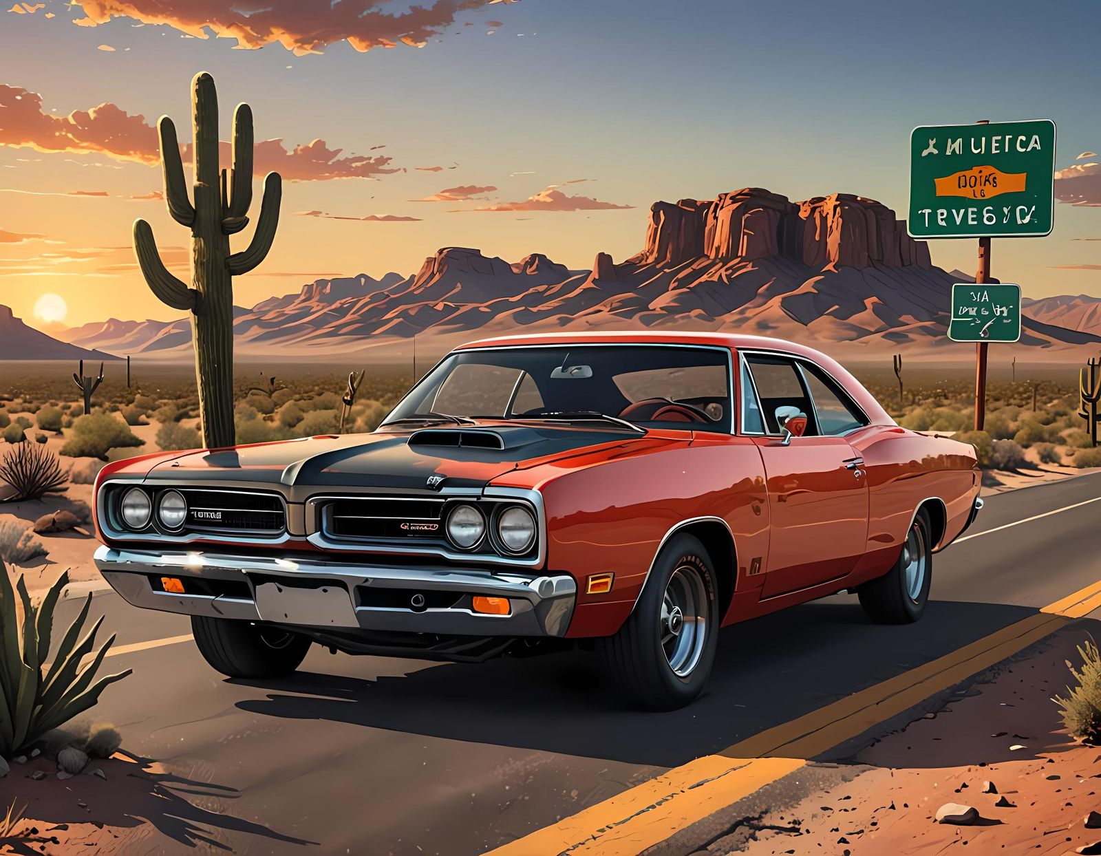 1969 Dodge Super Bee on Desert Highway in Comics Style